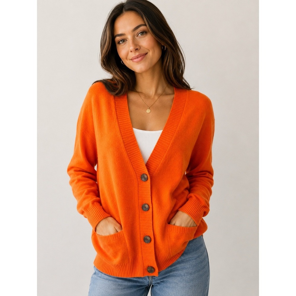 JCP Cardigan Sweater Cashmere Blend V-Neck Womens XL Orange Knit Minimalist